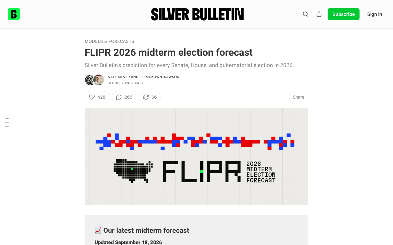 Silver Bulletin article page headed FLIPR 2026 midterm election forecast by Nate Silver and Eli McKown-Dawson, dated 18 September 2026, describing a prediction for every Senate, House and gubernatorial election in 2026