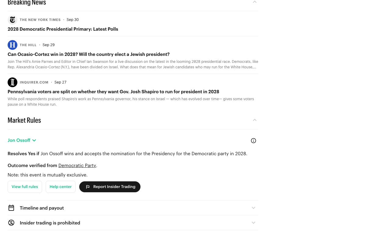 Screenshot of the Market Rules panel on Kalshi's 2028 Democratic presidential nominee event, reading Resolves Yes if Jon Ossoff wins and accepts the nomination for the Presidency for the Democratic party in 2028, with outcome verified from Democratic Party and a note that the event is mutually exclusive