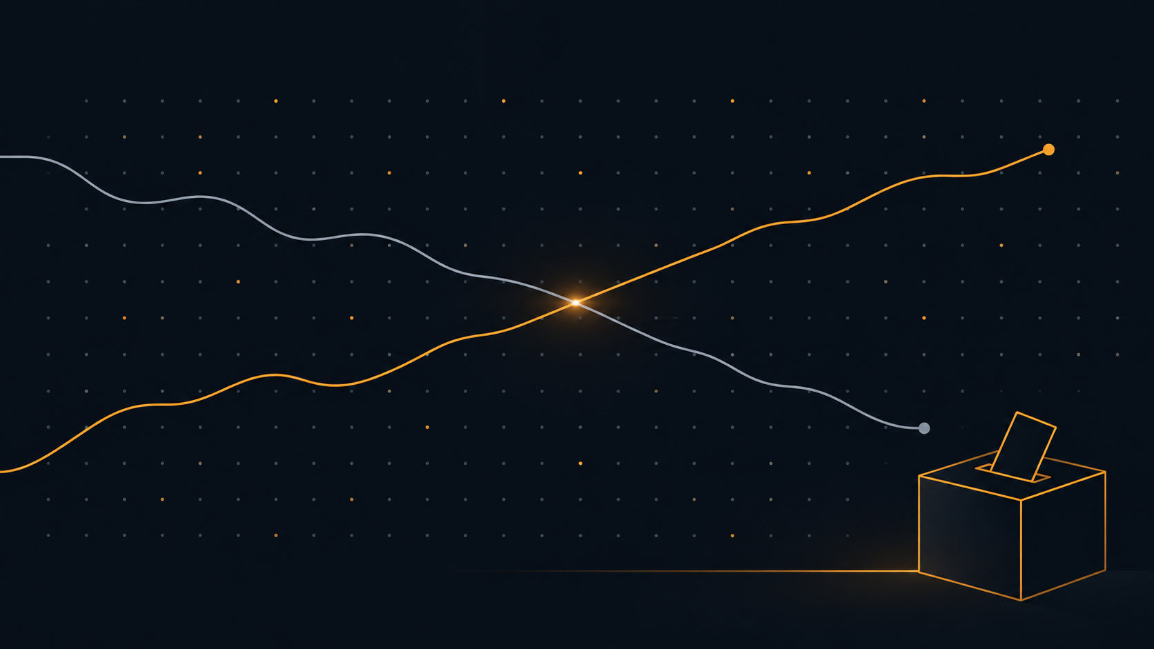 Two abstract line charts crossing in the middle of a dark navy frame, one amber line rising from lower left to upper right and one grey line falling from upper left to lower right, with a simple outlined ballot box at the lower right