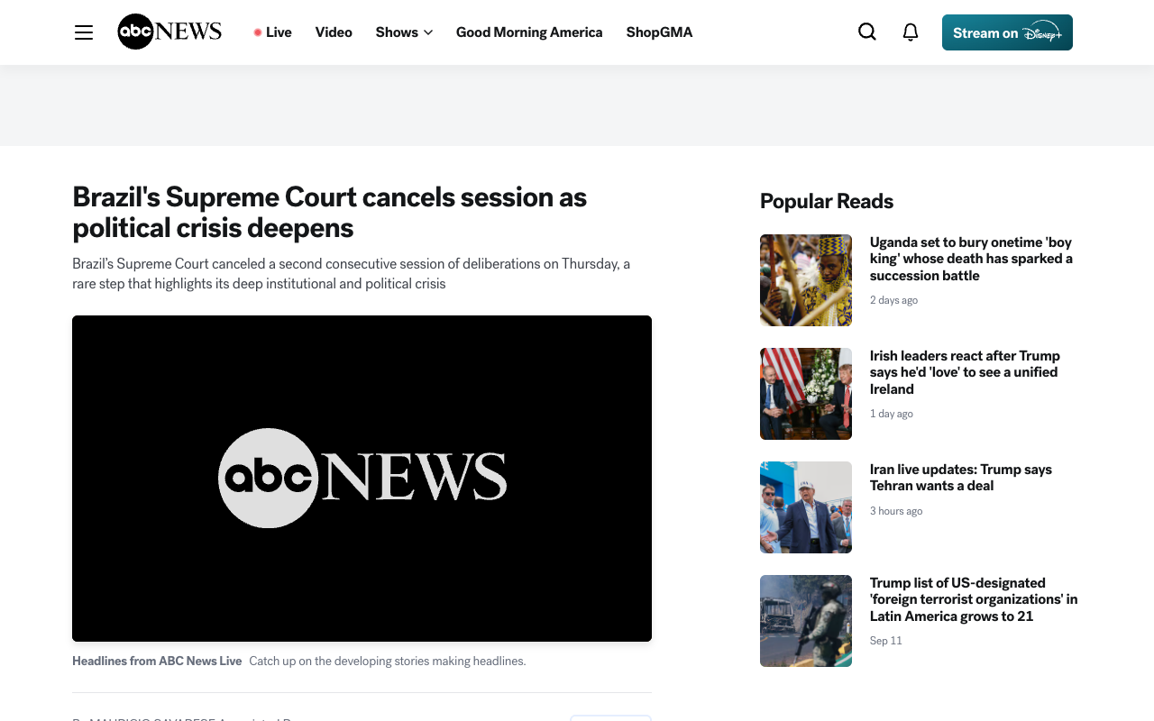 ABC News wire story headed Brazil's Supreme Court cancels session as political crisis deepens, with a standfirst stating the court cancelled a second consecutive session of deliberations on Thursday, a rare step highlighting its deep institutional and political crisis