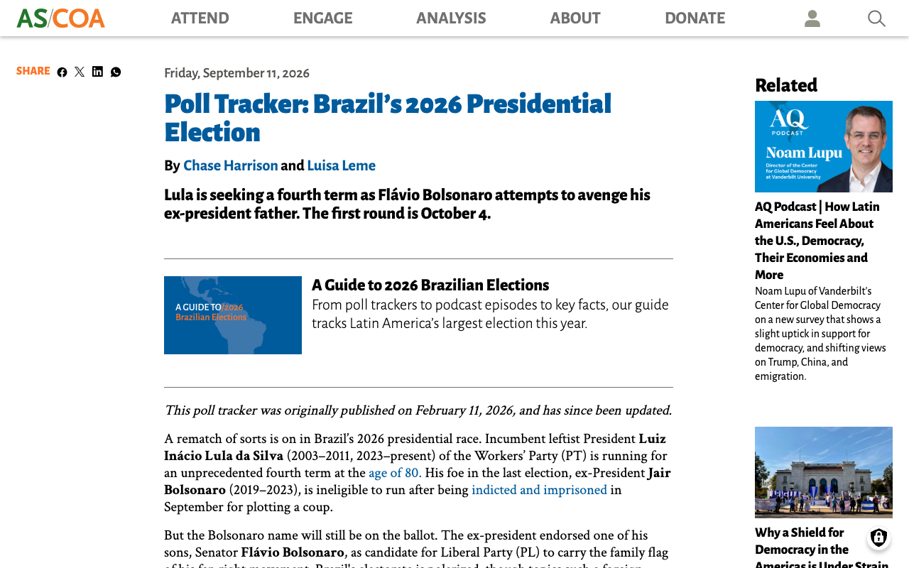 AS/COA Poll Tracker page for Brazil's 2026 presidential election dated 11 September 2026, with a standfirst reading that Lula is seeking a fourth term as Flavio Bolsonaro attempts to avenge his ex-president father and that the first round is October 4
