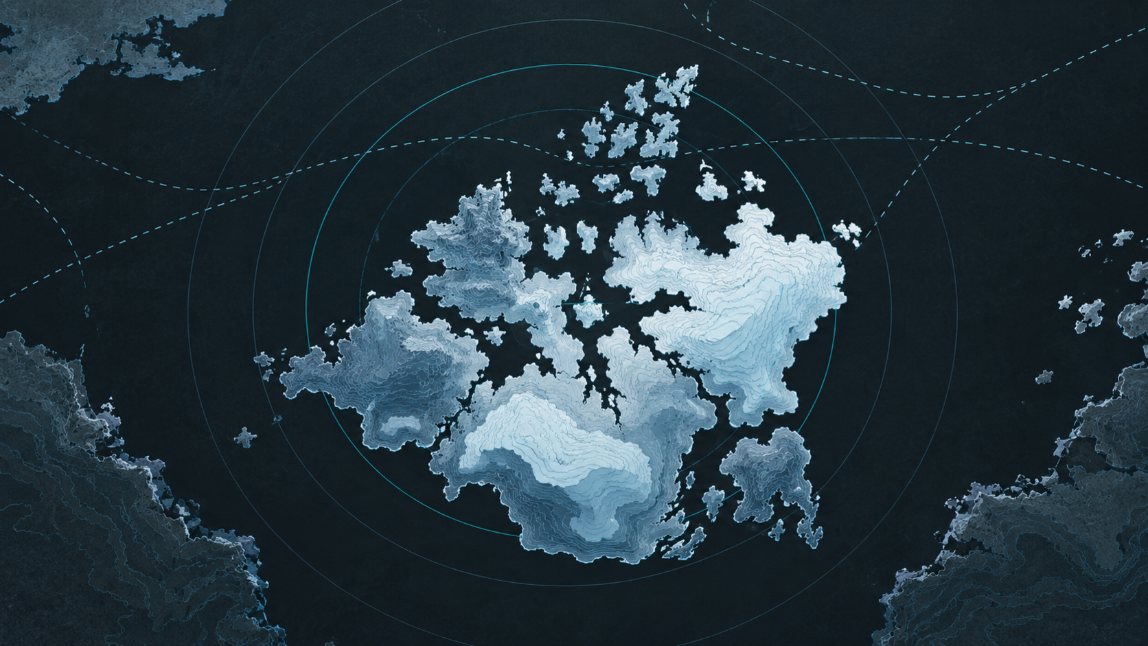 Flat topographic illustration of an Arctic island rendered in ice-blue contour lines on a dark ocean, ringed by faint concentric radar arcs and crossed by dashed shipping lanes