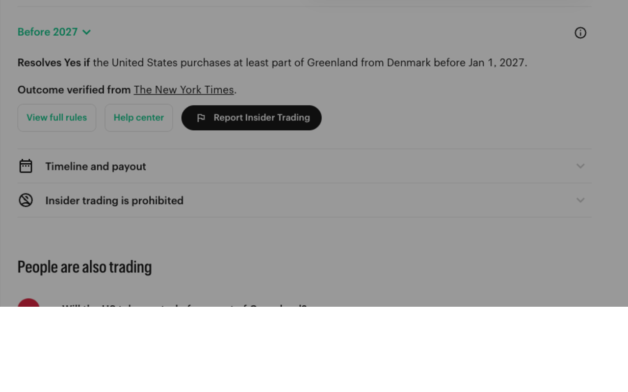 Screenshot of the Kalshi market rules for the Greenland contract reading: Resolves Yes if the United States purchases at least part of Greenland from Denmark before Jan 1, 2027, outcome verified from The New York Times