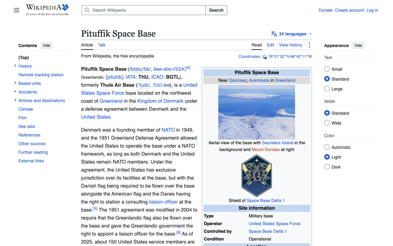 Screenshot of the Wikipedia article on Pituffik Space Base, the existing United States installation in north-west Greenland that the 22 September agreement modernises and expands