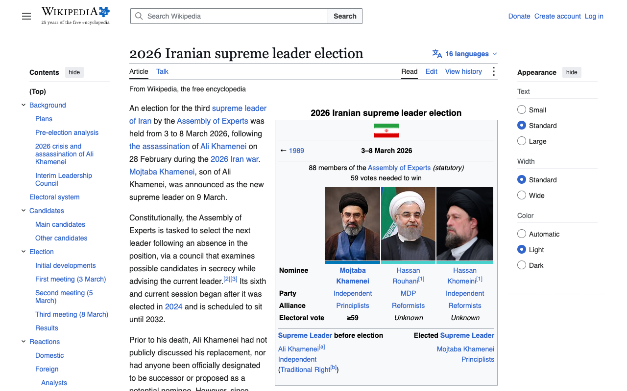 Wikipedia's article on the 2026 Iranian supreme leader election, recording that the election was held from 3 to 8 March 2026 by the 88-member Assembly of Experts with 59 votes needed to win, following the assassination of Ali Khamenei on 28 February, and that Mojtaba Khamenei was announced as the new supreme leader on 9 March