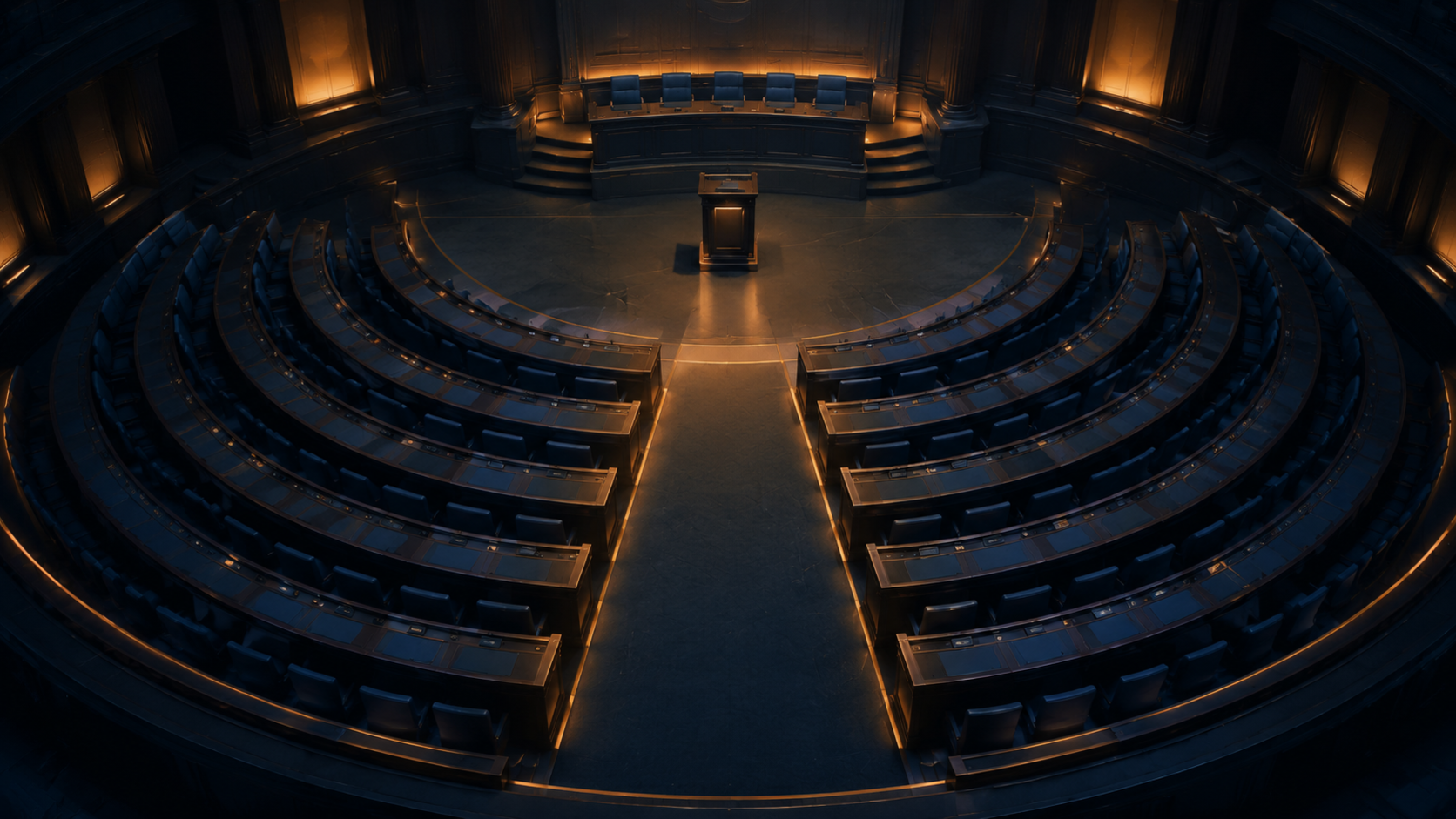 An empty parliamentary debating chamber seen from above, its seats curving into two almost equal blocs separated by a narrow empty aisle, lit by warm amber light against deep navy