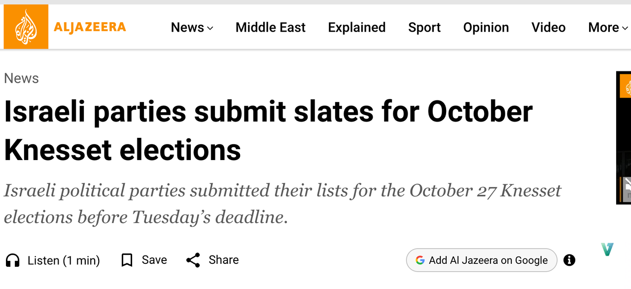 Al Jazeera news article headlined Israeli parties submit slates for October Knesset elections, with a standfirst saying parties submitted their lists for the October 27 Knesset elections before Tuesday's deadline
