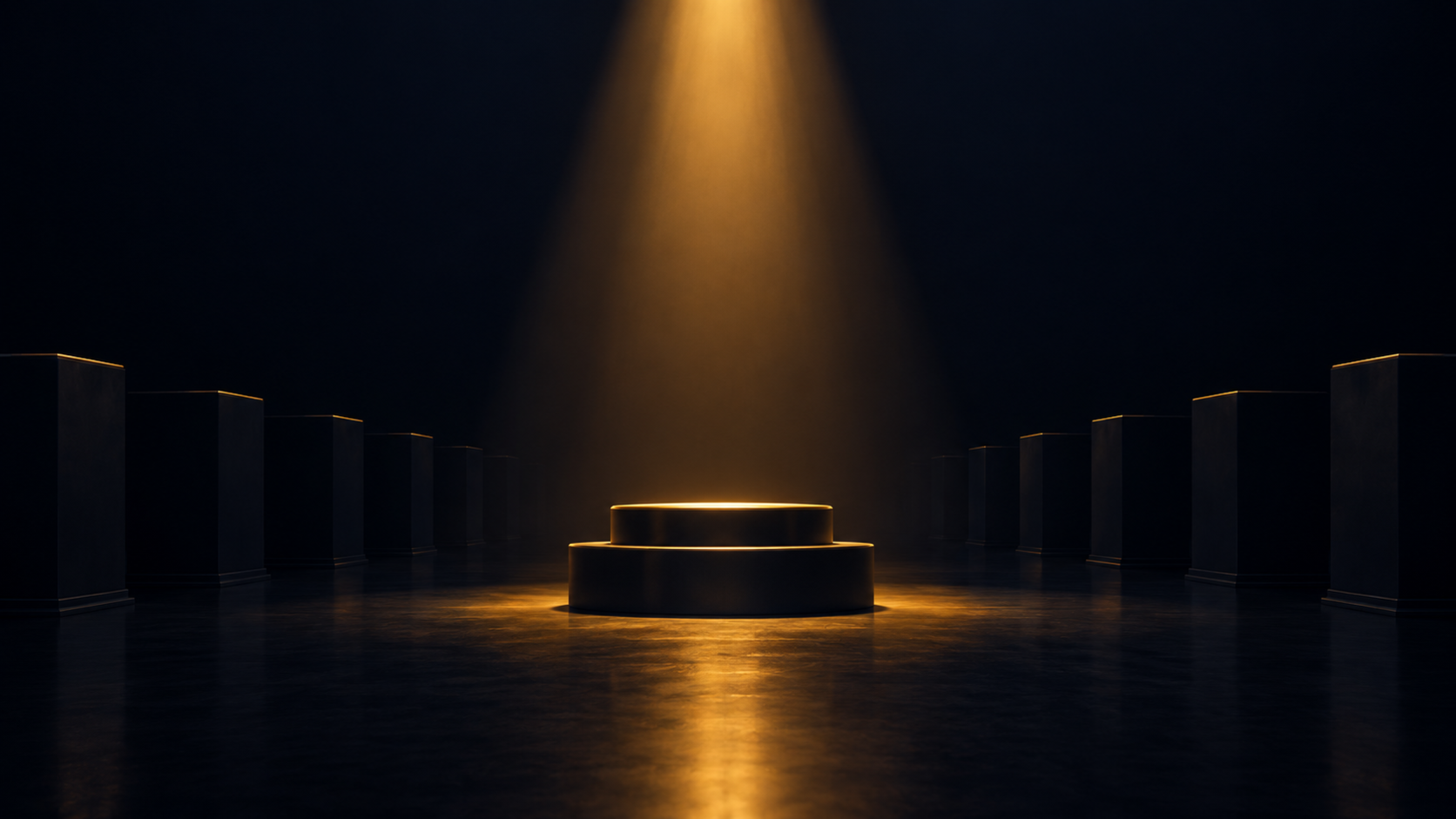 A single empty podium lit by one narrow cone of warm gold light in a dark hall, with rows of unlit empty plinths receding into shadow on either side