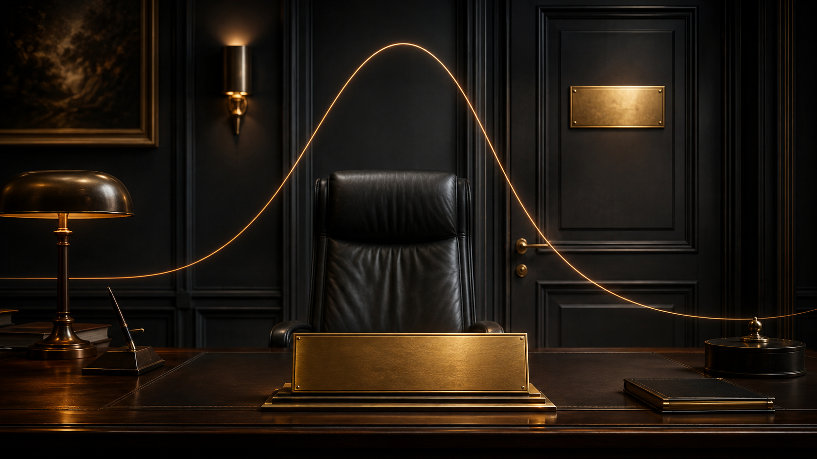 An empty formal office chair behind a desk with two blank brass nameplates, one on the desk and one on the door