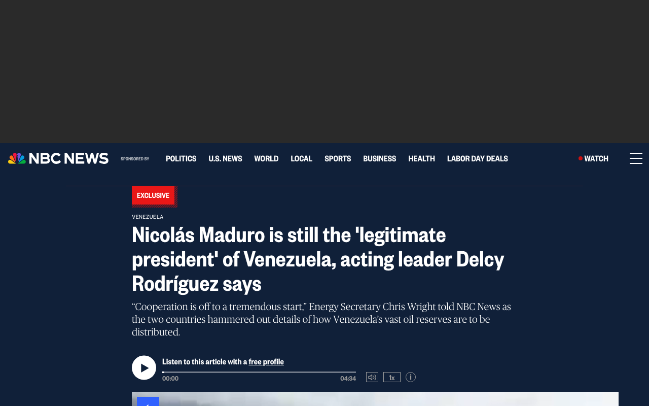 NBC News exclusive headlined Nicolas Maduro is still the legitimate president of Venezuela, acting leader Delcy Rodriguez says