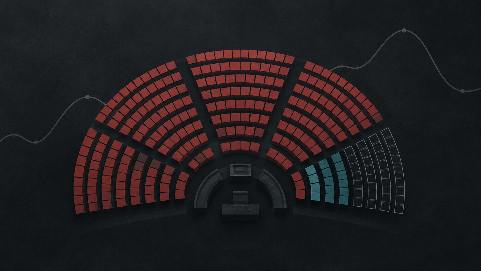 An abstract parliamentary chamber seen from above as concentric arcs of seats, most filled in muted red, a small wedge in teal and one wedge left empty and outlined in grey, with a faint probability curve behind