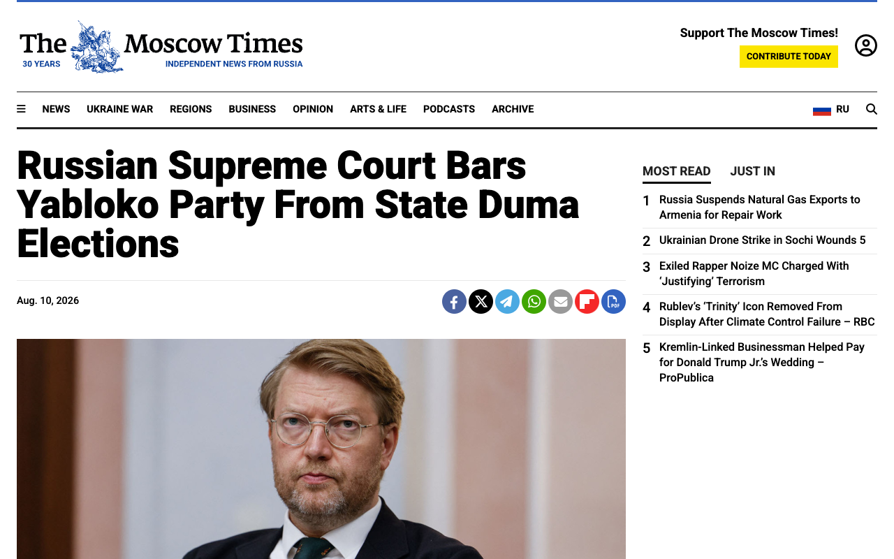 The Moscow Times article headlined Russian Supreme Court Bars Yabloko Party From State Duma Elections