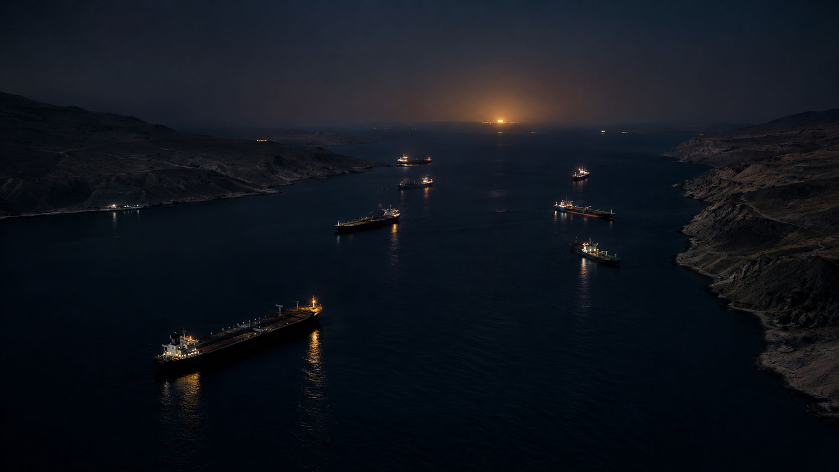 Aerial night view of a narrow shipping channel between two dark arid coastlines with seven oil tankers lying at anchor and a single amber shore light on the far horizon
