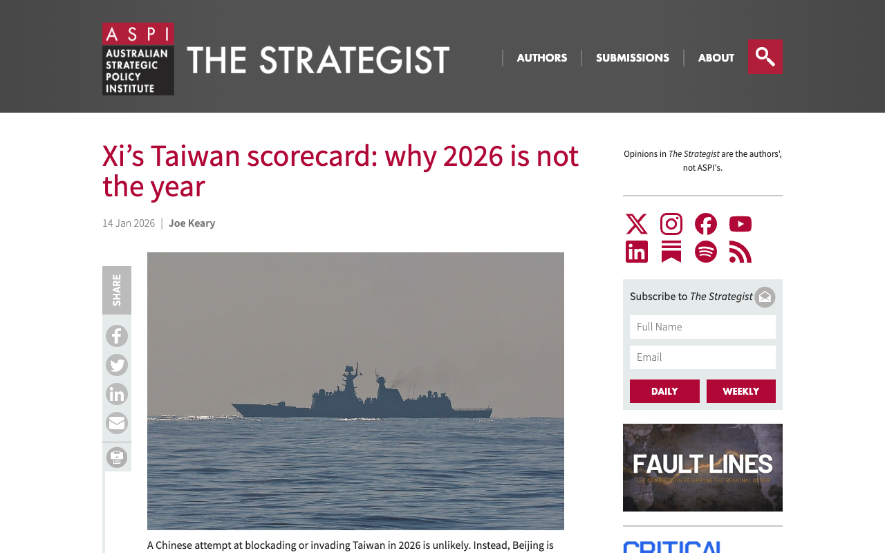 Screenshot of ASPI's The Strategist article headlined Xi's Taiwan scorecard: why 2026 is not the year, by Joe Keary, dated 14 January 2026, opening with the line that a Chinese attempt at blockading or invading Taiwan in 2026 is unlikely